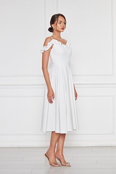 Bidoluelbise Kadın Ayarlanabilir Askılı Yaka Fırfır Detay Dokuma Kumaş Pileli Kloş Midi Boy Abiye Elbise