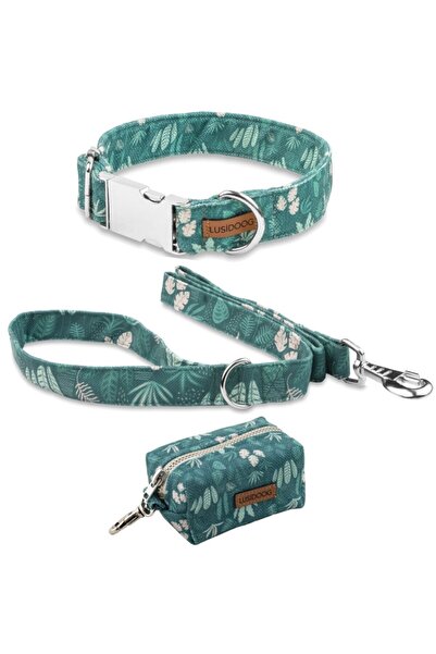 Lusi Doog Yeşil Köpek Boyun Tasması Köpek Kaka Poşeti Çantası ve Gezdirme Kayış Seti Çiçek Desenli