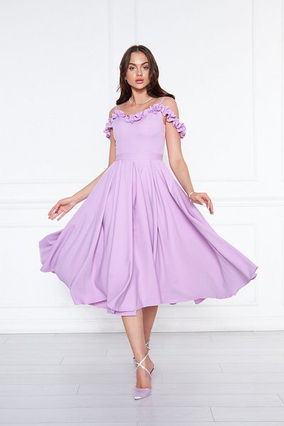 Bidoluelbise Women's Adjustable Strap Collar Ruffle Detail Woven Fabric Pleated Flared Midi Length Evening Dress