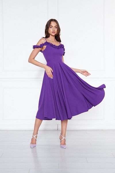 Bidoluelbise Women's Adjustable Strap Collar Ruffle Detail Woven Fabric Pleated Flared Midi Length Evening Dress