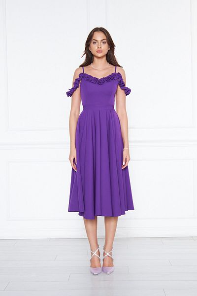 Bidoluelbise Women's Adjustable Strap Collar Ruffle Detail Woven Fabric Pleated Flared Midi Length Evening Dress