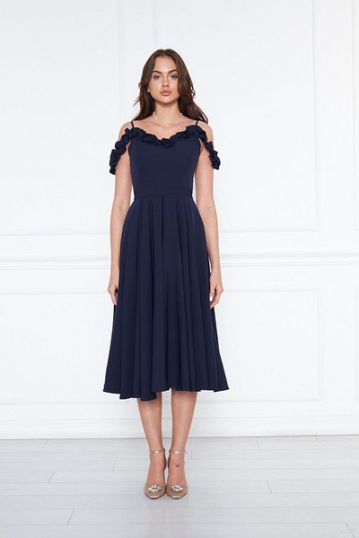 Bidoluelbise Women's Adjustable Strap Collar Ruffle Detail Woven Fabric Pleated Flared Midi Length Evening Dress