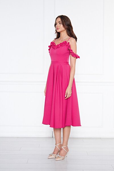 Bidoluelbise Kadın Ayarlanabilir Askılı Yaka Fırfır Detay Dokuma Kumaş Pileli Kloş Midi Boy Abiye Elbise