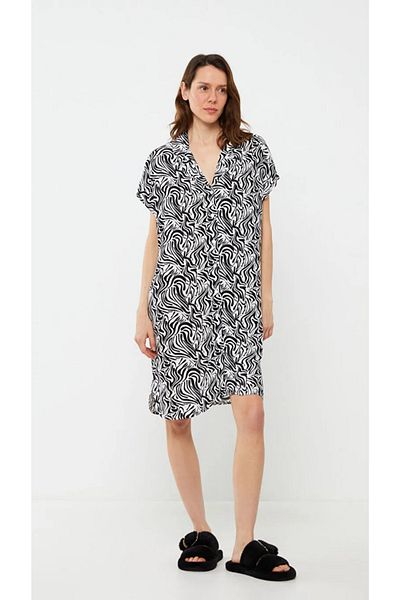 LC Waikiki Gemustertes Kurzarm-Strandkleid mit Hemdkragen für Damen