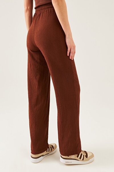 schlank Women's Brown High Waist Wide Leg Seersucker Pants