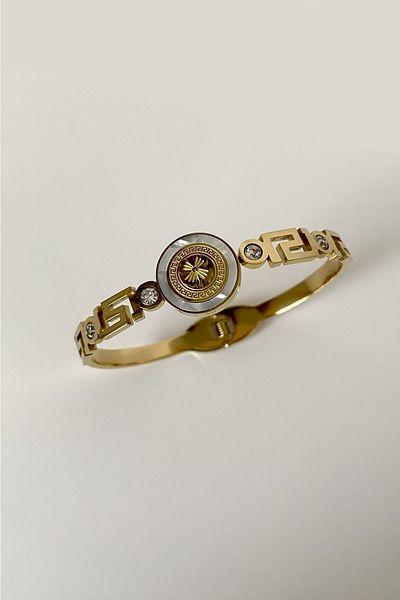 SilverStone Modern Pattern Pearlescent Logo Zircon Stone Steel Cuffed Bracelet