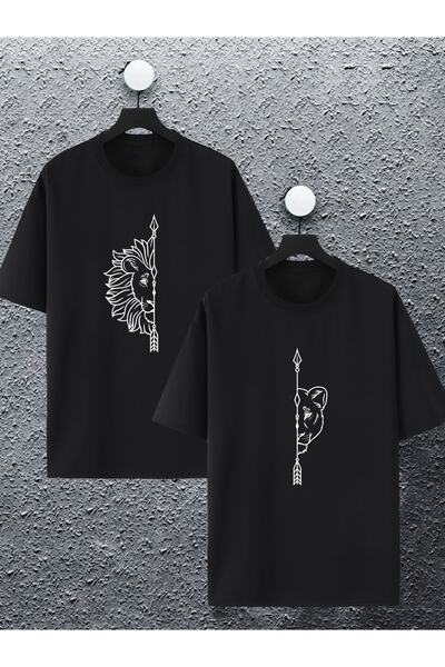 Joza Outdoors Femeie Bărbat Femeie și Masculin Leu Cuplu Cuplu Iubitor Combinație Design Tricou supradimensionat Set de 2