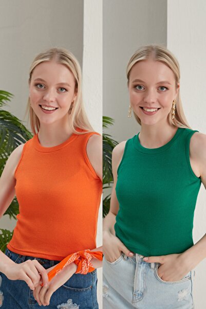 CATSPY Γυναικεία πράσινη πορτοκαλί λαιμόκοψη 2 τεμαχίων Crop μπλούζα