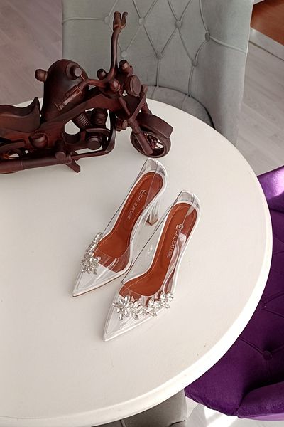 LA CALZATURE Pantofi de damă cu toc de 10 cm cu margine albă și piatră de stea complet transparentă