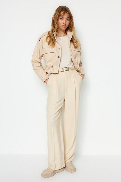 Trendyol Collection Ecru Oversize široký střih Gather Detailní kašmírový kabát TWOAW24KB00001