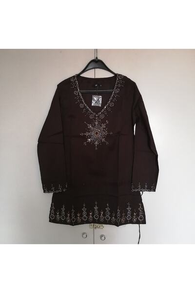 Butik Tülin Otantik pamuk kahve çok renkli boncuk pul payet el işi yoğun nakı...