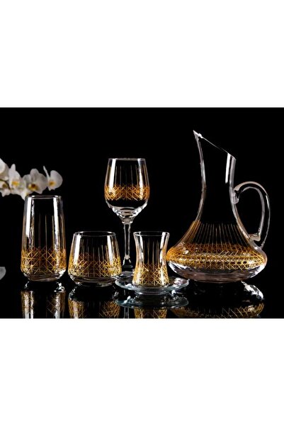 sudeka 61 Parça 12 Kişilik Hasır El Dekor Kesme Gold Cam Su Takımı