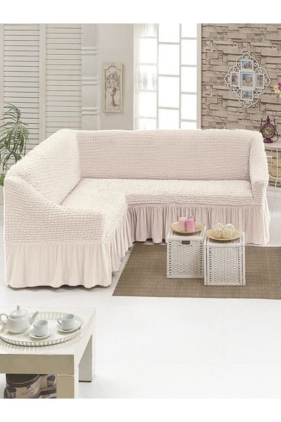 AK LALE Natural Color Wrapped Corner Sofa Cover Standard Elastic Skirt L Sofa Set