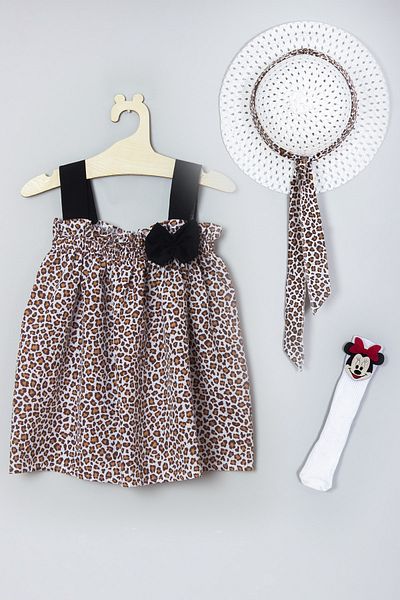 ADABEBEK Leopard Patterned Dress with Hat, Knee-Length Miki Socks Set 008