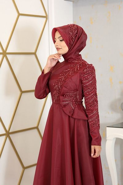 Surikka Flower Detailed Hazel Hijab Evening Dress Claret Red