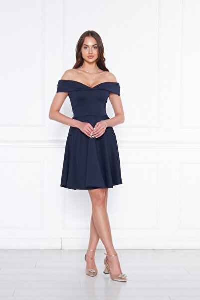 Bidoluelbise Kalp Yaka Düşük Omuz Esnek Scuba Kumaş Mini Kloş Elbise