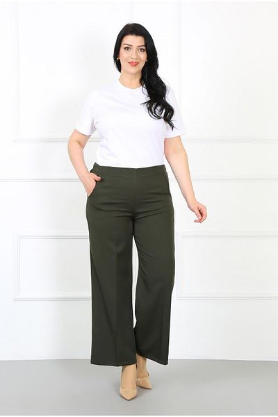 By Alba Collection Women's Khaki Dumbbell Fabric Oval Pocket Large Size Trousers with Elastic Back