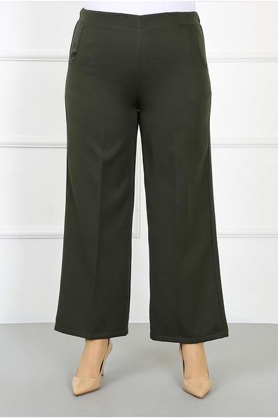 By Alba Collection Women's Khaki Dumbbell Fabric Oval Pocket Large Size Trousers with Elastic Back