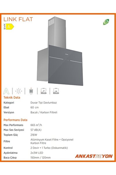 Silverline 3364 LINK FLAT Gri Cam Duvar Tipi Davlumbaz 60 cm