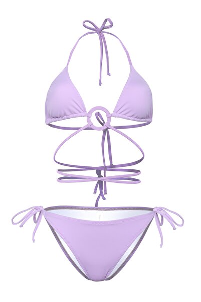 Transacoustic Lila Çapraz Bağlama Detaylı Özel Halkalı Brezilya Üçgen Bikini Takım