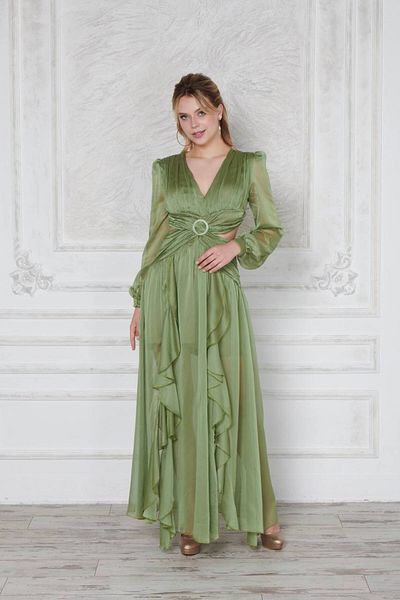 BK BOUTİQUE Waist Detailed Back Low-cut Buckle Slit Evening Dress