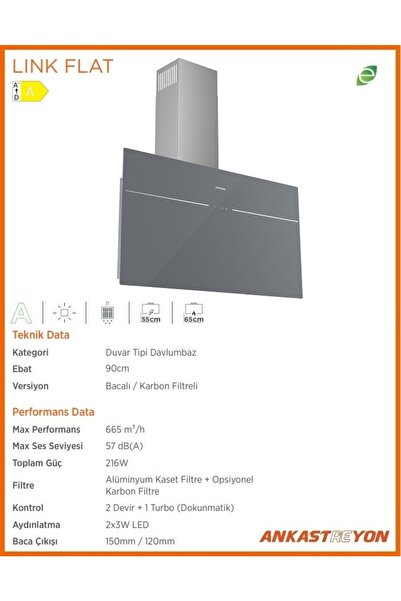 Silverline 3364 LINK FLAT Gri Cam Duvar Tipi Davlumbaz 90 cm