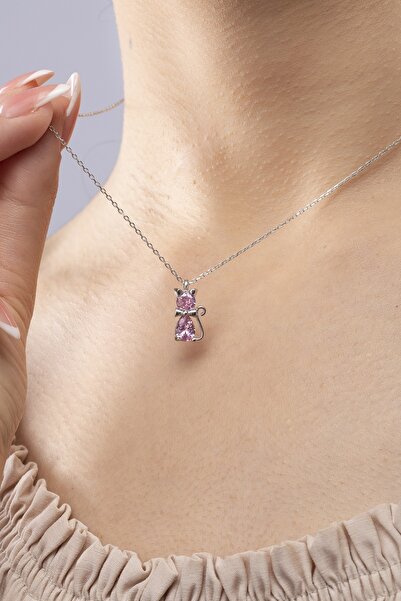 ESSARE 925 Ayar Gümüş Kolye Kadın Pembe Taşlı Kedi Kolye