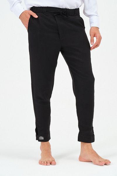 RELAXL Men's Black Wrinkle Resistant Aerobin Fabric Rubber Waist Lace-up Trousers
