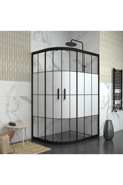 TEKNO DUŞ DUŞAKABİN TEKNE VE KÜVET SİSTEMLERİ BLACK SİRİUS 6mm Karolajlı Yarım Kumlamalı Cam Asimetrik Oval Duşakabin