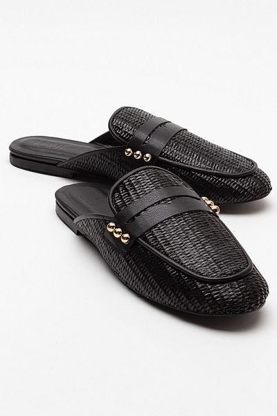 LuviShoes 165 Γυναικείες Παντόφλες από Γνήσιο Δερμάτινο Μαύρο Ψάθινο