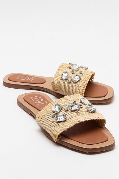 LuviShoes Γυναικείες παντόφλες NORVE Beige Straw Stone