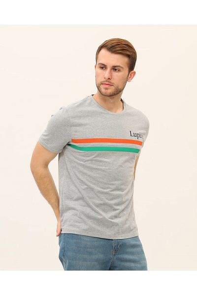 Kübra Tekstil Stripe Printed Men's Gray T-shirt