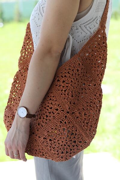 Dudi Store Turuncu İp Örgü Hasır Omuz Çantası Örme Çanta Rafya Kağıt Yüzde Yü...