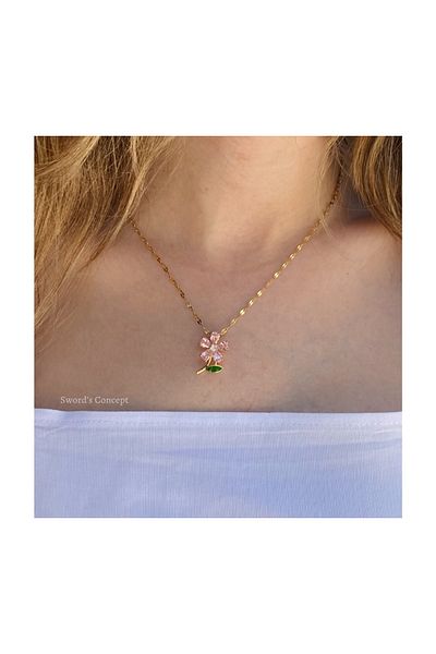 SWORDS CONCEPT Gold Pink Daisy Steel Necklace