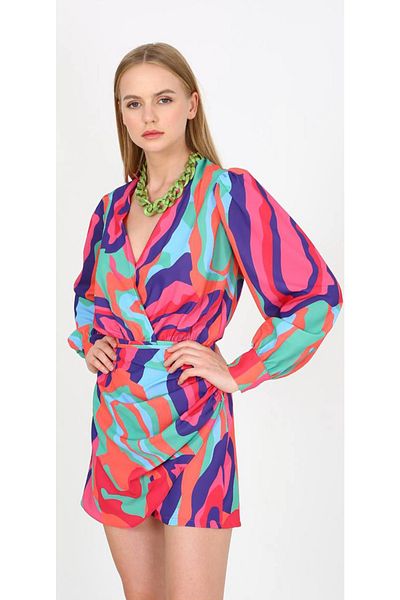 FASHION COCKTAIL Πολύχρωμα παστέλ χρώματα Μακρυμάνικο ανοιξιάτικο φόρεμα με μπροστινό δεμένο γιακά με κουμπιά