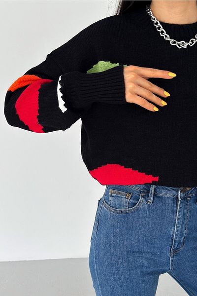 FEMELLE Pulover de damă, negru, nou sezon, multicolor, detaliat, mărime standard, tricotaj supradimensionat