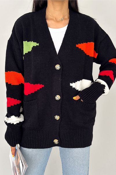 FEMELLE Cardigan de tricotaj supradimensionat pentru femei, negru, nou sezon, cu buzunar dublu, detaliat, mărime standard