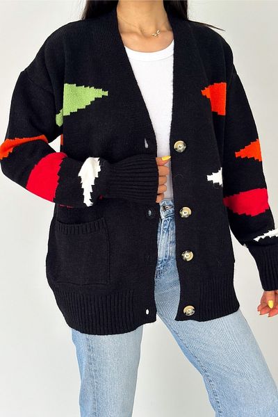 FEMELLE Cardigan de tricotaj supradimensionat pentru femei, negru, nou sezon, cu buzunar dublu, detaliat, mărime standard