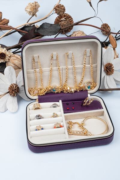 Gold Box Large Size Organizer with Compartments Jewelry Storage Box and Travel Bag Wooden Purple (21X14.5X5)