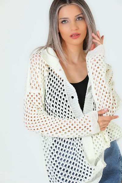 GÜLSELİ Cream Women's Perforated Seasonal Knitwear Cardigan