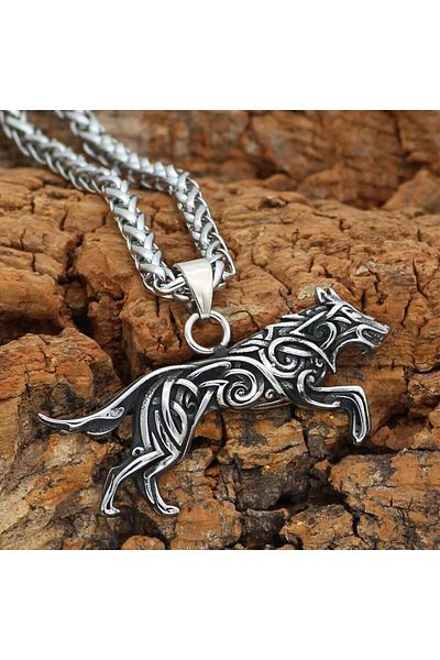 Viking Geri & Freki Odin Valhalla Wolf Nordic Embroidered 316L Steel Men's Necklace