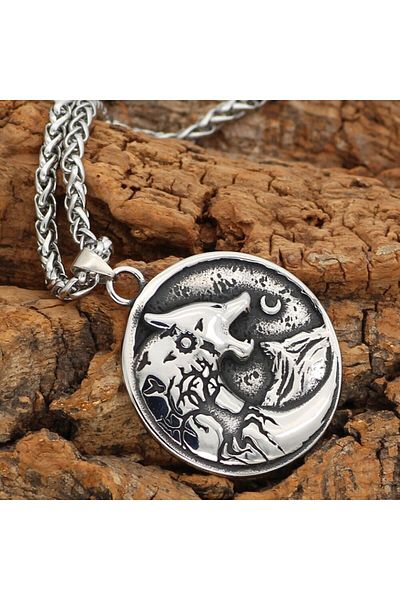 Viking Fenrir & Yggdrasil Odin Wolf Tree of Life Embroidered Geri & Freki 316L Steel Men's Necklace