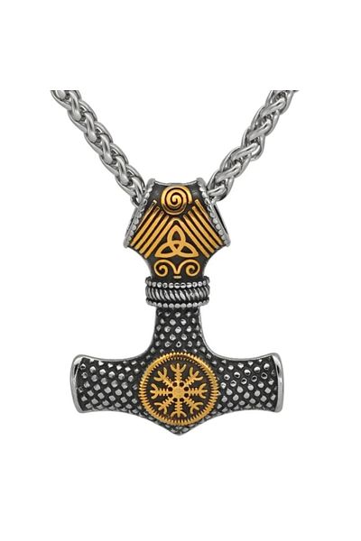 Viking Thor Mjollnir Vegvisir & Triquetra Embroidered Norse Hammer & Braided Chain Men's Steel Necklace