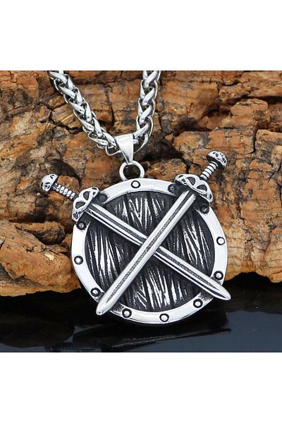 Viking Shield & Sword Thor Norse Sword & Shield Runic 316L Steel Men's Necklace