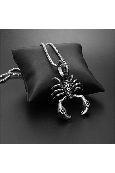Viking Scorpion Design Gray & Square Chain Steel Necklace