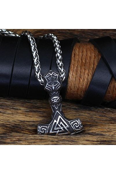 Viking Thor Mjollnir Warhammer Norse Mythology Valknut Embroidered & Braided Chain Men's Steel Necklace
