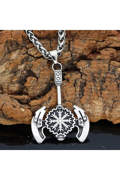 Viking Vegvisir Embroidered Warrior Ax & Braided Chain 316L Steel Men's Necklace