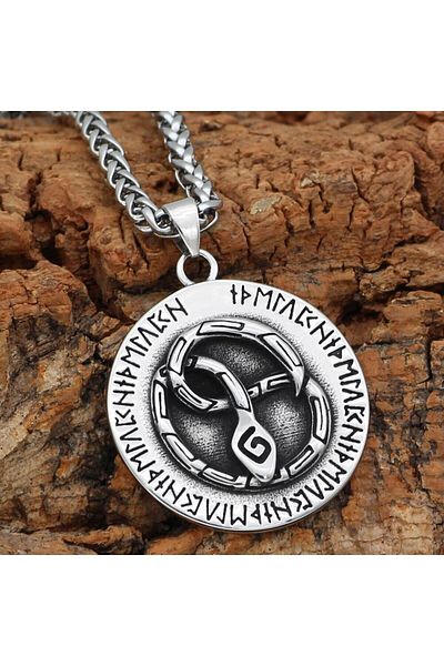 Viking Snake Jormungandr Runic Inscription Norse Snake Motif Thor Medallion 316L Steel Necklace