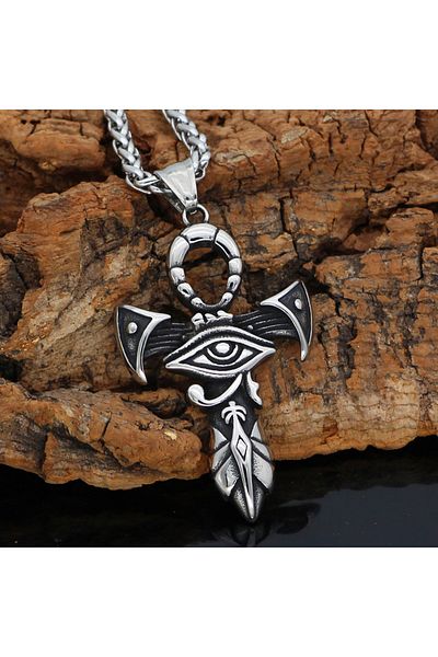Viking Eye of Horus Egyptian Mythology Ankh Nile Key Mens 316L Steel Necklace