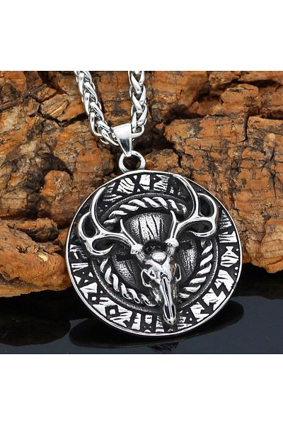 Viking Eikthyr Valhalla Thor Norse Mythology Odin Deer Runic Symbol 316L Steel Men's Necklace